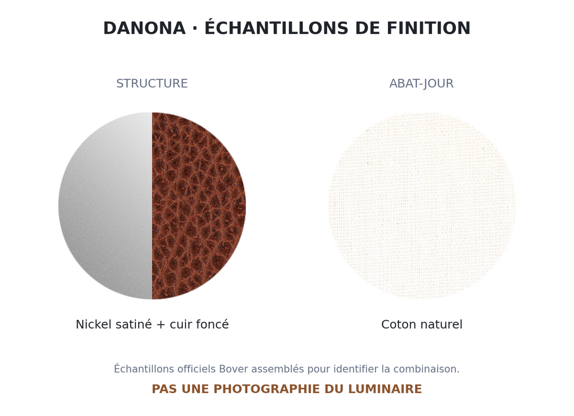 Danona P/165 Bover — Nickel satiné + cuir foncé / Ruban translucide blanc — photographie officielle du luminaire