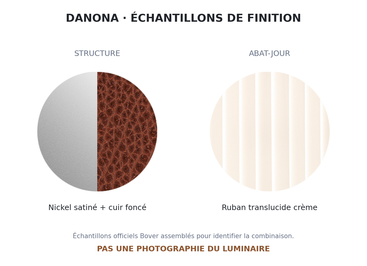 Danona P/165 Bover — Nickel satiné + cuir foncé / Ruban translucide blanc — photographie officielle du luminaire