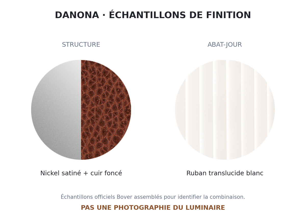 Danona T Bover — Nickel satiné + cuir foncé / Ruban translucide crème — photographie officielle du luminaire
