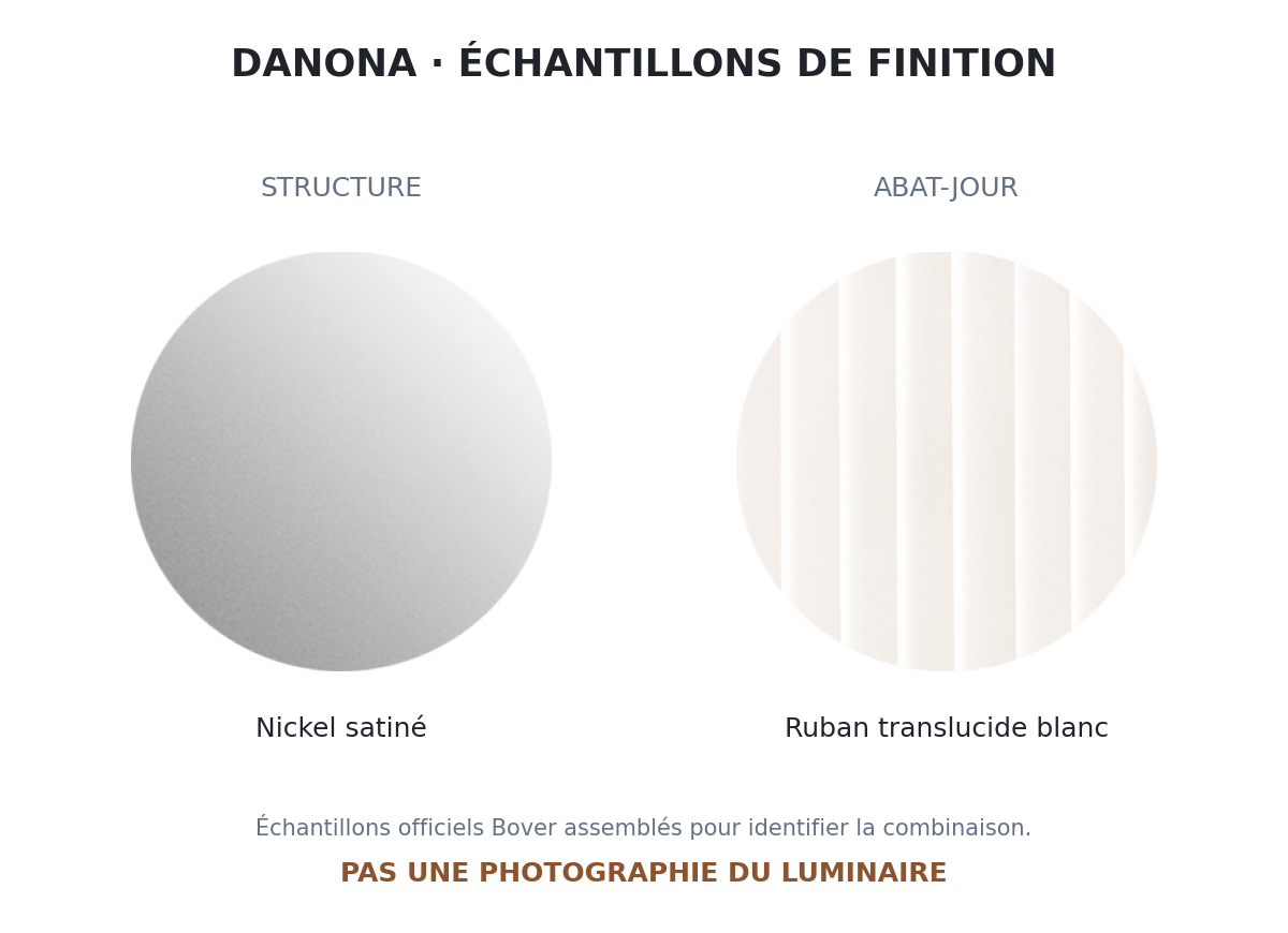 Danona P/165 Bover — Nickel satiné + cuir foncé / Ruban translucide blanc — photographie officielle du luminaire