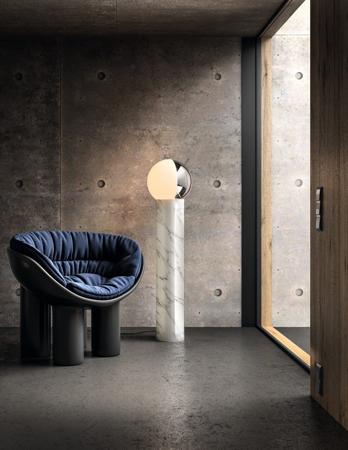 PENTA Je Suis lampadaire — photographie officielle, chêne anthracite et verre blanc-argent